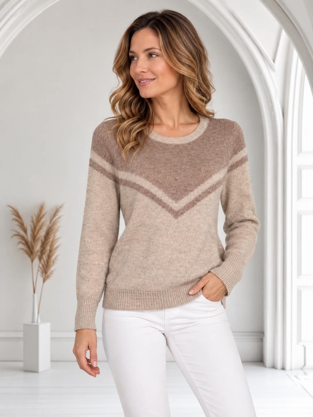 Chevron Detail Crewneck Sweater in Taupe
